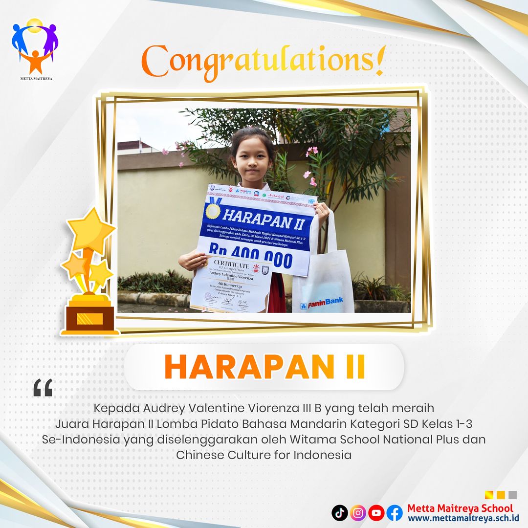 Prestasi Peserta Didik dalam Lomba Pidato Bahasa Mandarin Kategori SD Kelas 1-3 Se-Indonesia (I) | SD METTA MAITREYA